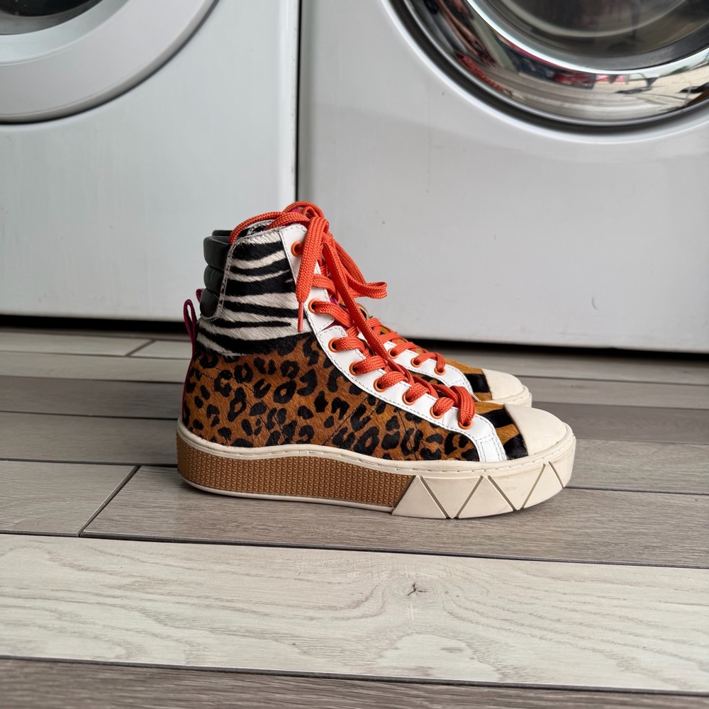 SCHUTZ Leopard & Zebra Print High-Top Sneakers with Orange Laces - Picture 4 of 11
